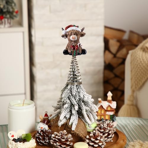 Gejoy Christmas Highland Cow Miniature Tree Topper Ornaments 5.1 Inches Mini Resin Cattle Tree Top Decorations for Rustic Home Farmhouse Holiday Accents Party Decor, Thanksgiving Xmas Gift Ideals