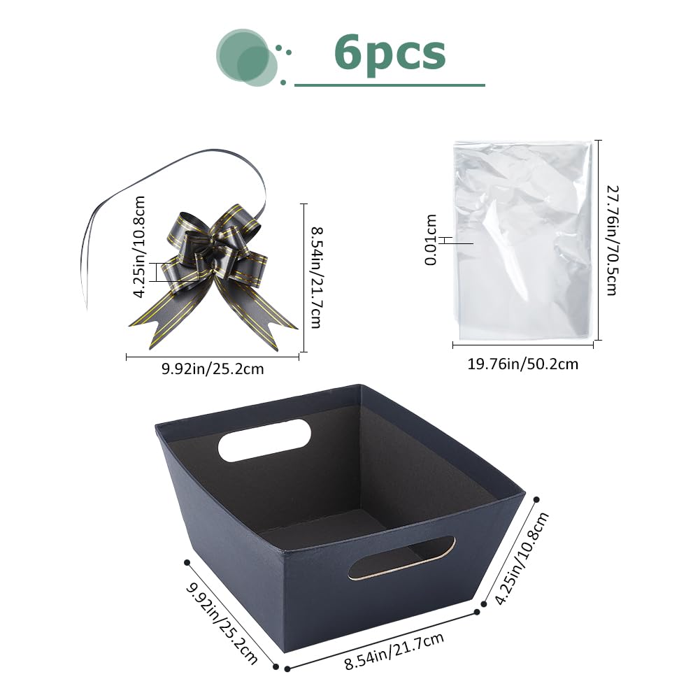 SUPERFINDINGS 6Pcs Black Cardboard Basket Gift Baskets Empty Kit with Plastic Bags and Bowknot Kraft Paper Gift Storage Boxes Sturdy Diy Bulk Gifts Baskets for Easter Christmas Birthday Wedding
