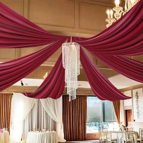 DUOBAO Burgundy 5x20ft Chiffon Ceiling Drapes 6pc Elegant Sheer Wedding Backdrop Curtains Ideal for Tent, Banquet Hall, and Photography - color: Burgundy, size: 60"W x 240"L (Pack of 6)
