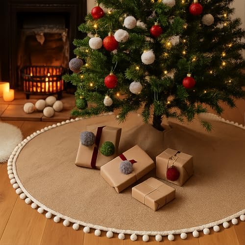 Syhood 60 Inch Christmas Tree Skirt Fall Linen Burlap Tree Skirt, Khaki