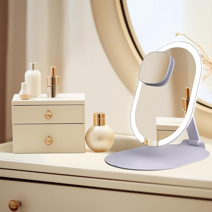 Fancii LED Rechargeable Portable Makeup Mirror with 3 Color Light Settings & 10x Magnetic Magnifying Mirror – Ultra Slim, Foldable Travel Vanity Mirror, 1500 mAh Battery, Height (Purple)