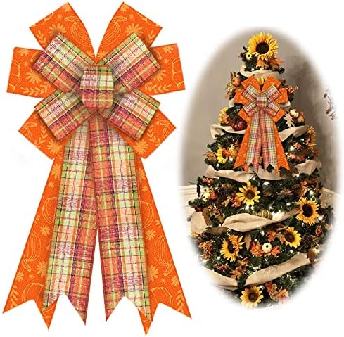 Large Fall Bows for Wreath, Thanksgiving Pumpkin Wreath Orange Buffalo Plaid for Front Door, Farmhouse Ornament Burlap Tree Topper for Fall Indoor Outdoor Decoration