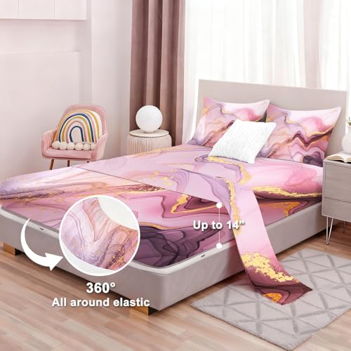 Pink Marble Sheets Set Twin for Girls Pink and Gold Marble Bedding Set Kids Aesthetic Bed Set with 1 Fitted Sheet 1 Flat Sheet and 1 Pillowcase - color: Marble Pink-a, size: Twin