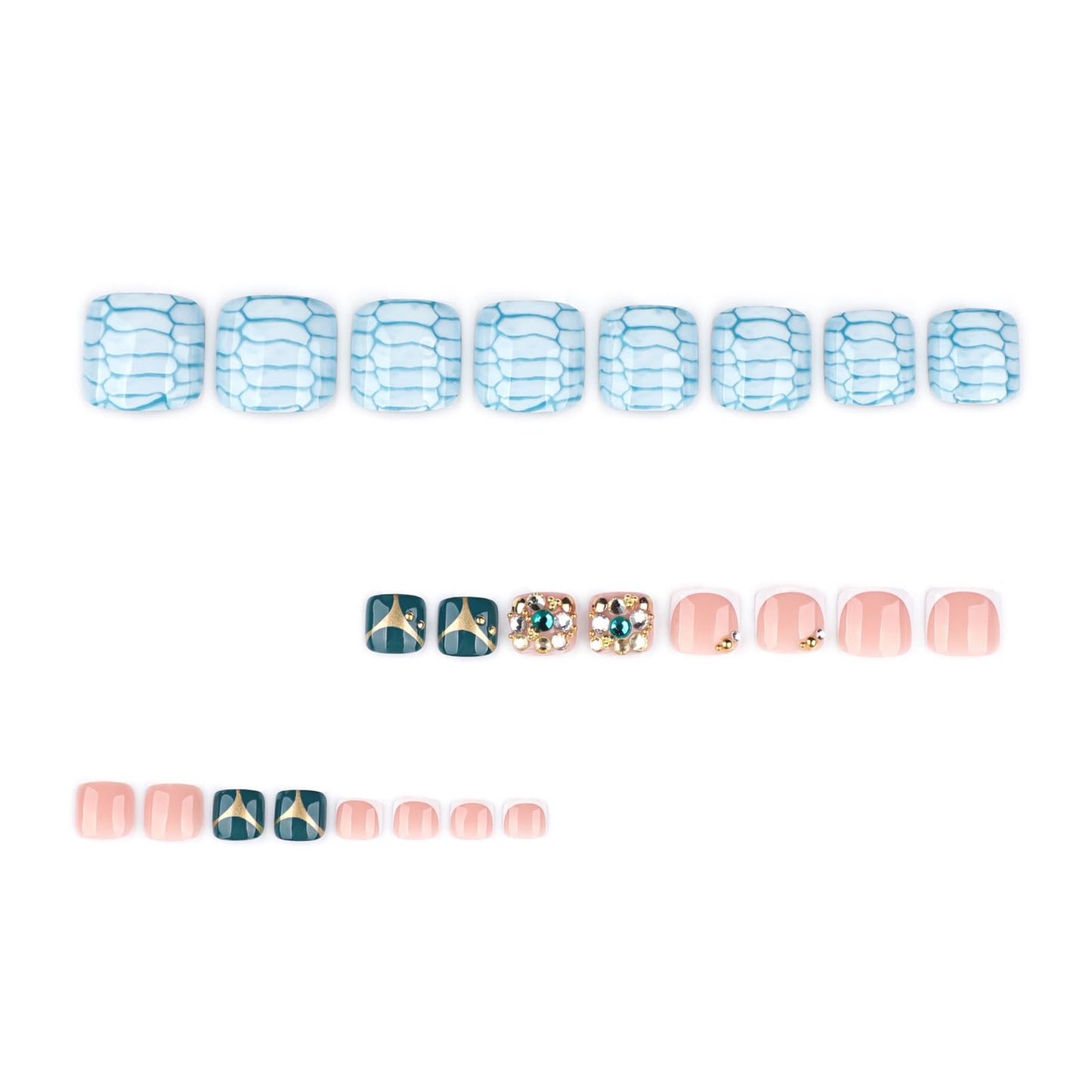 IMRAIN Press on Toenails - Blue Crocodile Print | Nude Fake Toe Nails with Rhinestone Designs Full Cover Glossy Handmade False Toe Nails 24Pcs