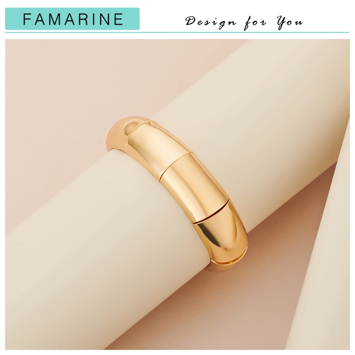 FAMARINE Bangle Bracelets for Women, Big Charms Wide Chunky Thick Stretch Bangle, 14K Gold Plated
