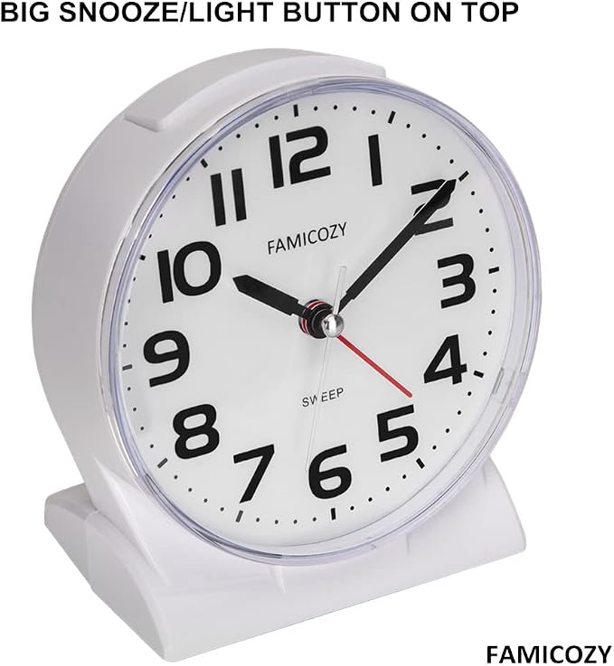FAMICOZY 4.5" No Ticking Analog Alarm Clock,Silent Readable for Seniors,Easy to Set,Gradual Rise Alarm,Big Numbers,On/Off Switch on Side,Gentle Wake,Snooze Soft Backlight,Battery Operated,White