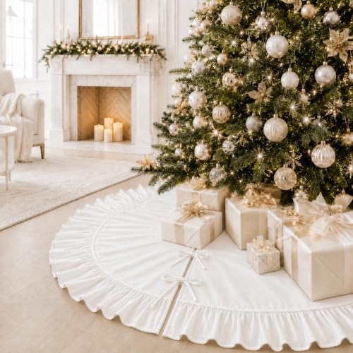 Christmas Tree Skirt,Velvet Tree Skirt with Ruffled Edge, Classic Large Velvet Fur Plush Tree Skirt for Merry Christmas(White,48Inch)