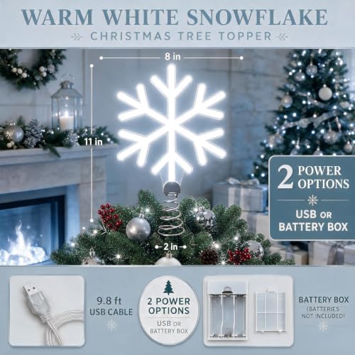 Christmas Snowflake Tree Topper Lighted, USB or Battery Operated, White