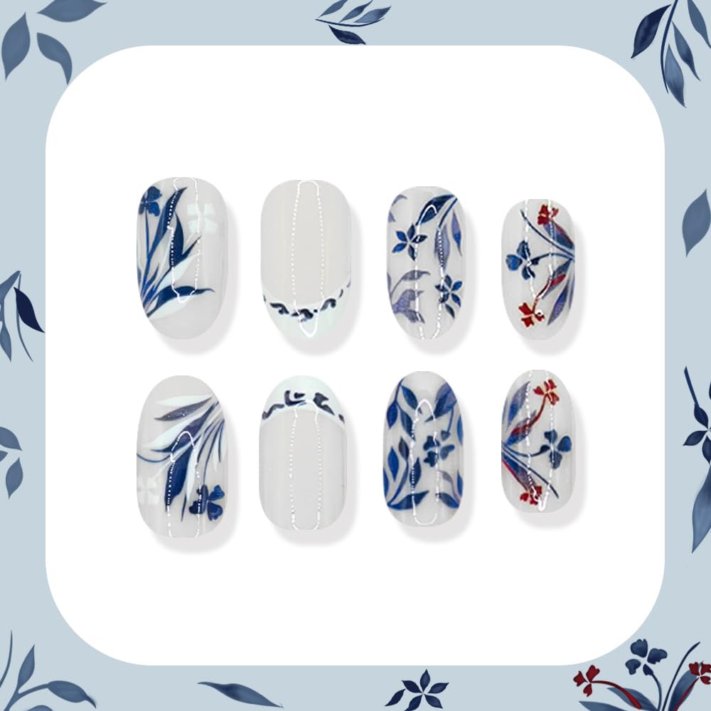 24Pcs Medium Press on Nails Blue Flower Fake Nails with White French Tip Floral Spring Almond False Nails Glossy Full Cover Stick on Nails Artificial Reusable Acrylic Nails for Women Girls