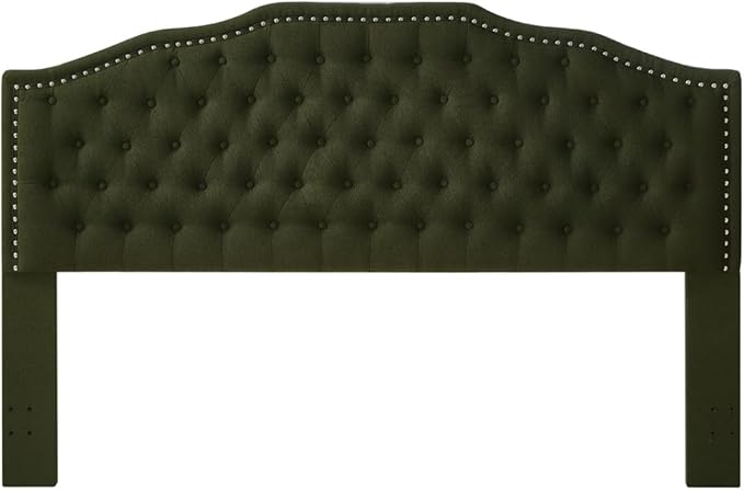 24KF Upholstered Button Tufted King Size Headboard with Nailhead Trim, Elegant Boucle Fabric California King headboard, 6031-K-Boucle-Dark Green
