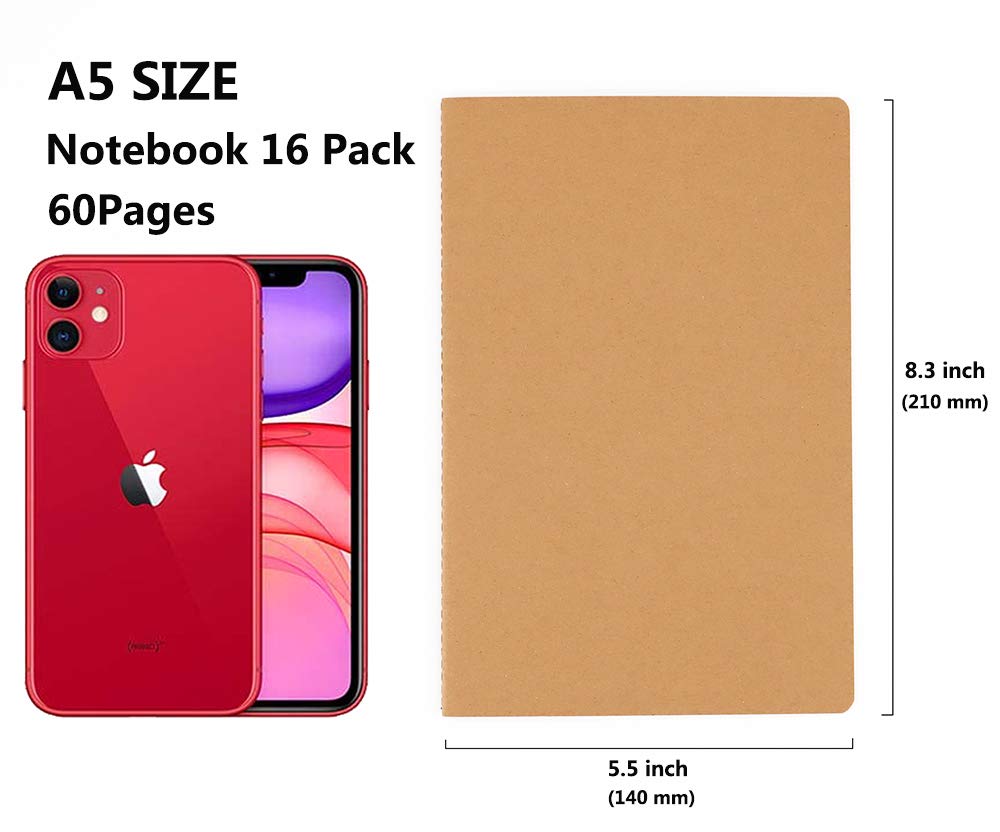 Wotion Lined Notebook 16 Pack, A5 Journals to Write in for Travel, 60 Pages/30 Sheets, 8.3" x 5.5", Thick Paper Notebooks for Students Office Women Men, Travel Journal Diary Planner Set