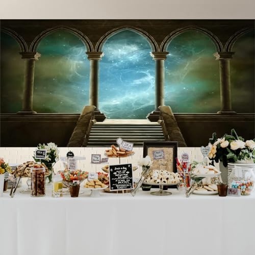 20x10ft Wedding 3D Render Backdrops Fantasy Starry Sky from Ancient Arches Background Mediaeval Gallery Temple Castle Marble Stone Column Staircase Photo Props - size: 20x10ft