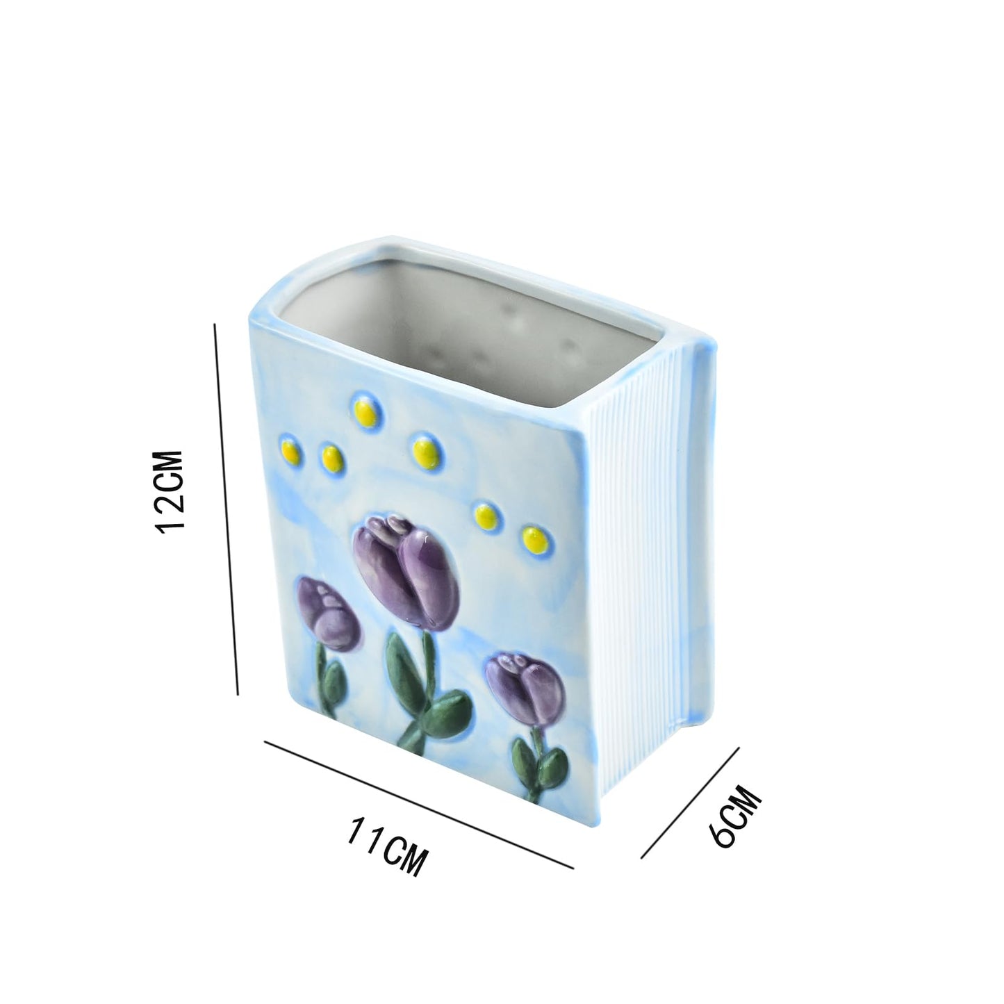 ESIW Ceramic Book Shaped Tulip Pattern Cosmetic Storage Box, Desktop Organizers Make Up Brush Storage Stand Desktop Storage Box for Brush,Pencil,Art Supplies, Painting Brush (Light Purple)