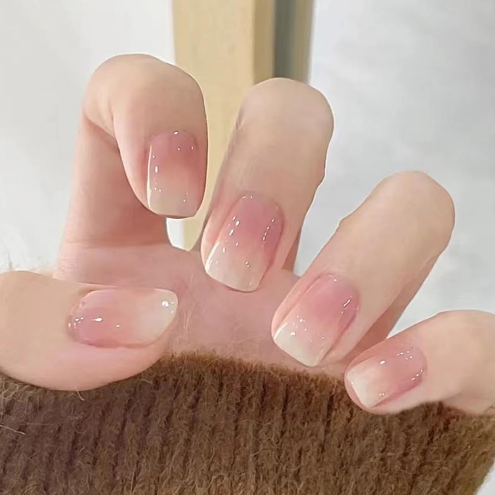 24Pcs Acrylic Press on Nails Short Square RUPOFUZA Fake False Nails with Pink Ombre Press ons Designs Nail Press on Artificial Stick on Nail for Women