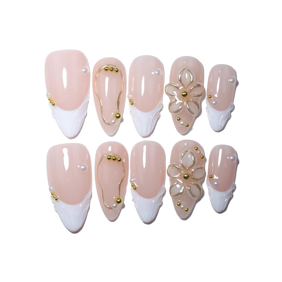 10Pcs Medium Almond Handmade Press On Nails | Easy Apply & Remove, Reusable Salon Quality Nails | Elegant Nude Fake Nails with 3D Floral, Wave French Tip & Pearl Gold Bead Accents(5U13, M)