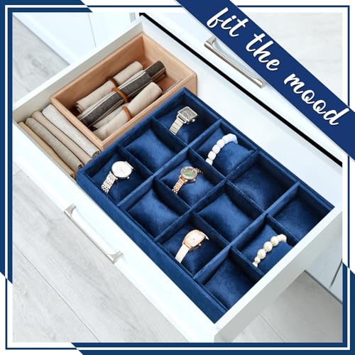 Henoyso 2 Pieces 12 Grid Velvet Watch Tray Jewelry Organizer Stackable Watch Bracelet Bangle Display Holder Adjustable Pillow(Blue) - color: Blue, size: 12 Grid