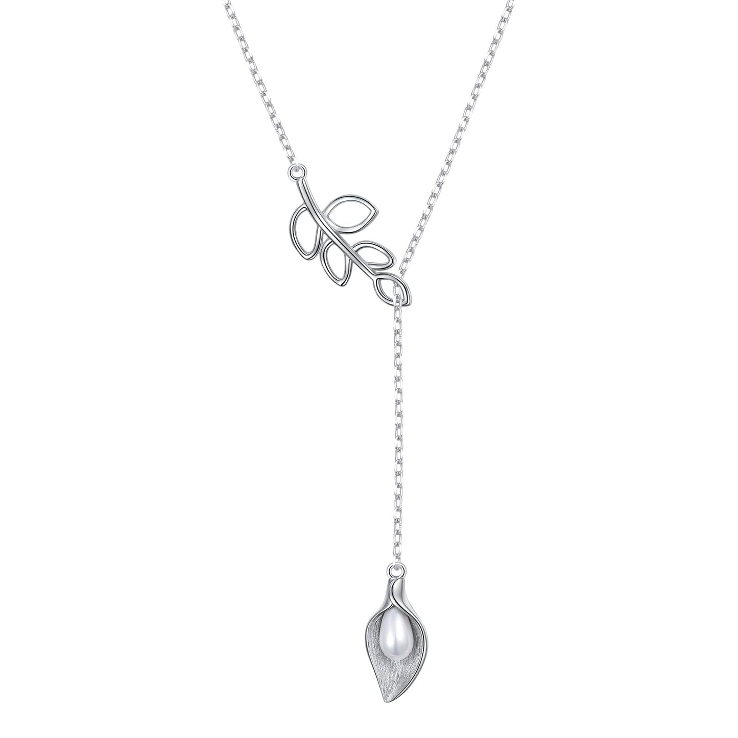 DAOCHONG Long Leaf Y Shaped Lariat Necklace Sterling Silver Calla Lily Long Chain Drop Adjustable Necklace Layered Necklace 30"