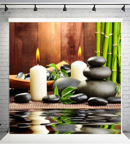 10x10ft Meditation Relax Backdrop Bamboo Zen Stone Candle Water Woodiness Floor, Dessert Table Banner Decoration Photography Background BJOKPH0032 - size: 10x10ft