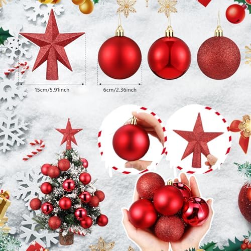 RoundFunny 25 Pcs Mini Christmas Balls Ornaments Set 2.36 Inch Christmas Day Ball Topper Star Tree Hanging Ornaments for Party Decoration(Red)