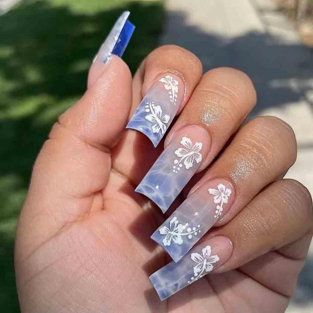 Foccna Square Blue Press on Nails Long,Fake Nails Acrylic False Nails Flower Design,Artificial Blue Nails for Women and Girls, 24 pcs