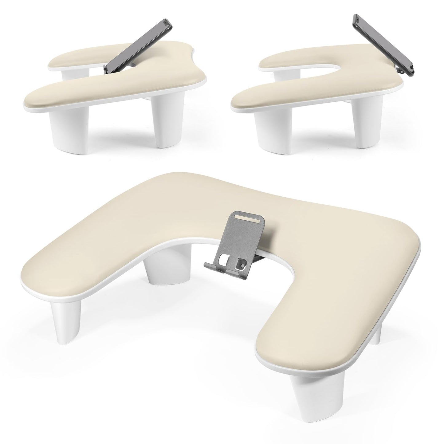 LIONVISON Arm Rest for Nails Tech: U Shaped Ergonomic Nail Hand Rest Stand PU Leather with Rotating Phone Holder for Nail Salon Manicurist (Beige)
