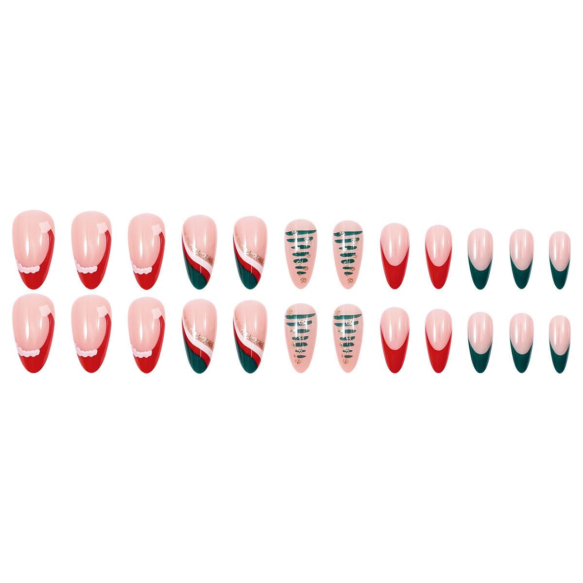 Christmas Almond Press on Nails Medium French Tip Fake Nails with Tree Designs Red Hat Tip Christmas Stick on Nails Gold Line Christmas Glue on Nail Full Cover Glossy False Nails for Women