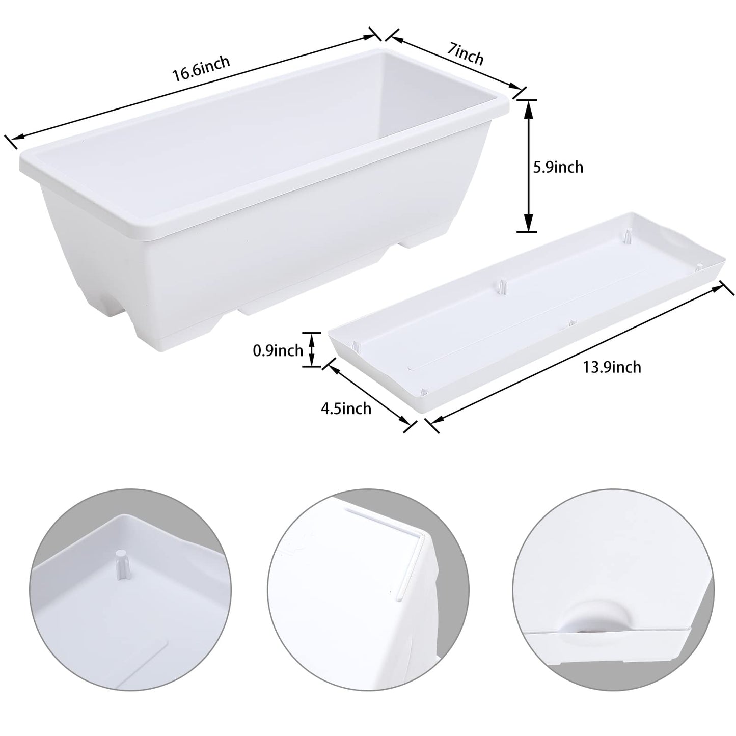 CHUKEMAOYI Window Box Planter, 7 Pack Plastic Vegetable Flower Planters Boxes 17 Inches Rectangular Flower Pots with Saucers for Indoor Outdoor Garden, Patio, Home Decor (White)