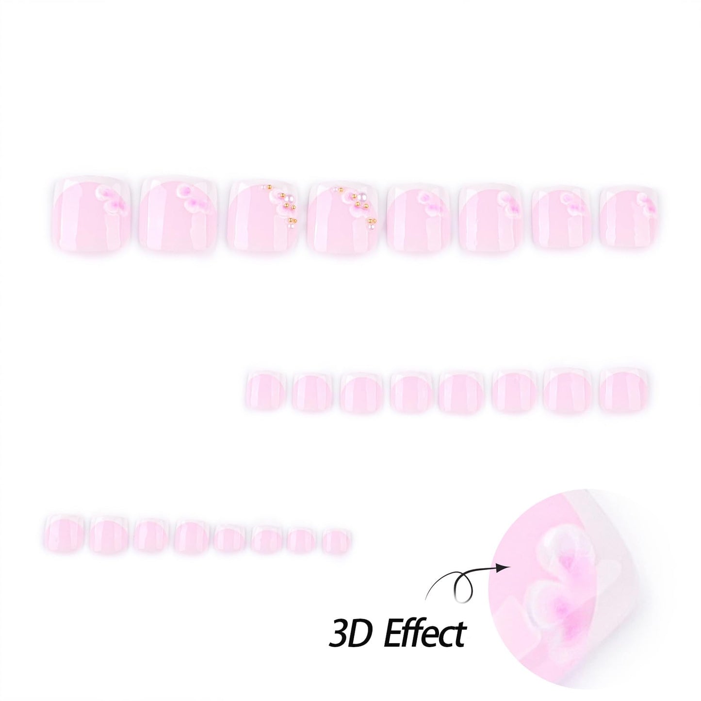 French Tip Press on Toe Nails Short Square Fake Toenails Pink 3D Flowers Acrylic Toe Nails Glossy Nature False Toenails Reusable Full Cover Glue on Artificial Nails for Women Manicure Decor 24Pcs