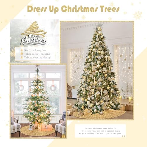 36 Inches Gold Tree Skirt Small Christmas Tree Skirts Glitter Sequins Velvet Tree Skirt for 4ft Xmas Trees Decorations