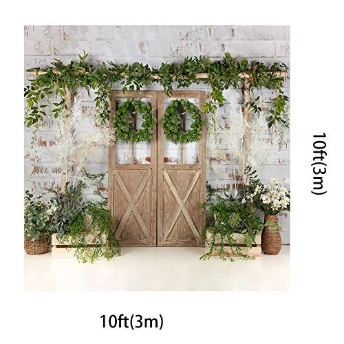 Kate Rustic White Painted Brick Wall Wood Door Photography Backdrops 10x10ft Spring Green Grass and Flowers Photo Backgrounds Baby Shower Backdrop Photoshoot Props - size: 10x10ft