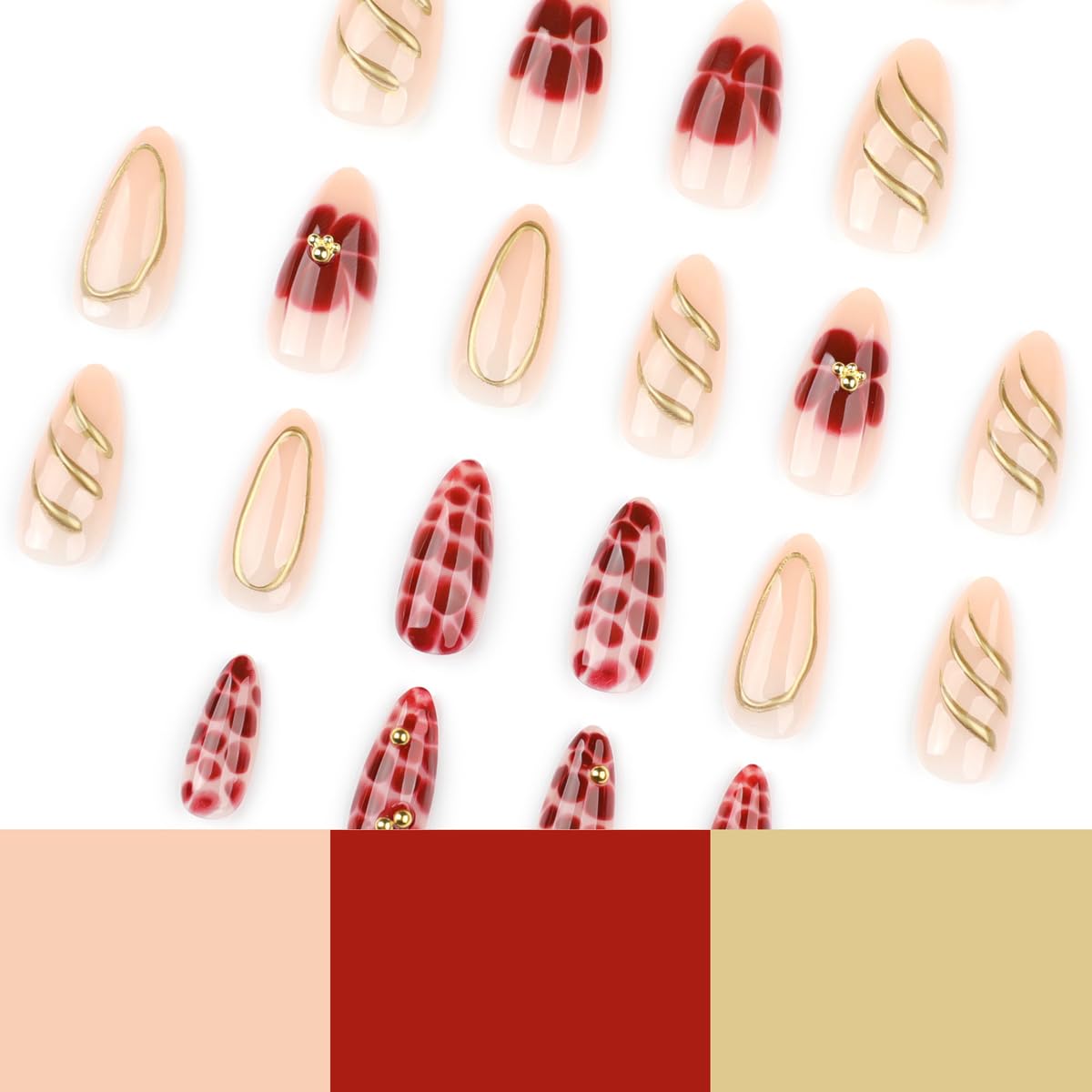 Medium Almond Press on Nails - 3D Gold Line, Red Flower & Alligator Print Design, Full Cover Glossy Fake Nails 24PCS for Women