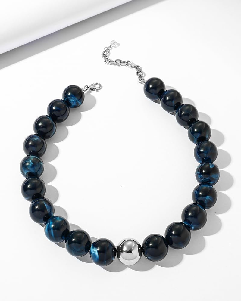 FAUTHENTICUTE Chunky Blue Beaded Choker Necklace for Women Large Montana Blue Round Bead Strand With Silver Accent Boho Bead Collar Statement Necklace Trendy Beach Summer Jewelry Gifts