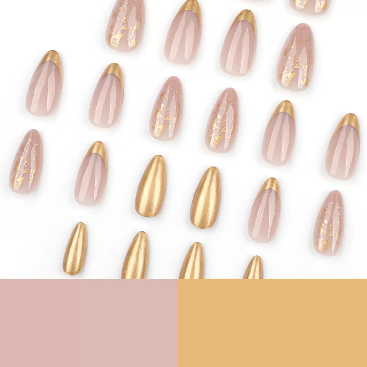 CTTHNBD Press on Nails Almond - Gold French Tip Fake Nails with Glitter Design - Medium Stick on False Nails - for Women - 24 Pcs