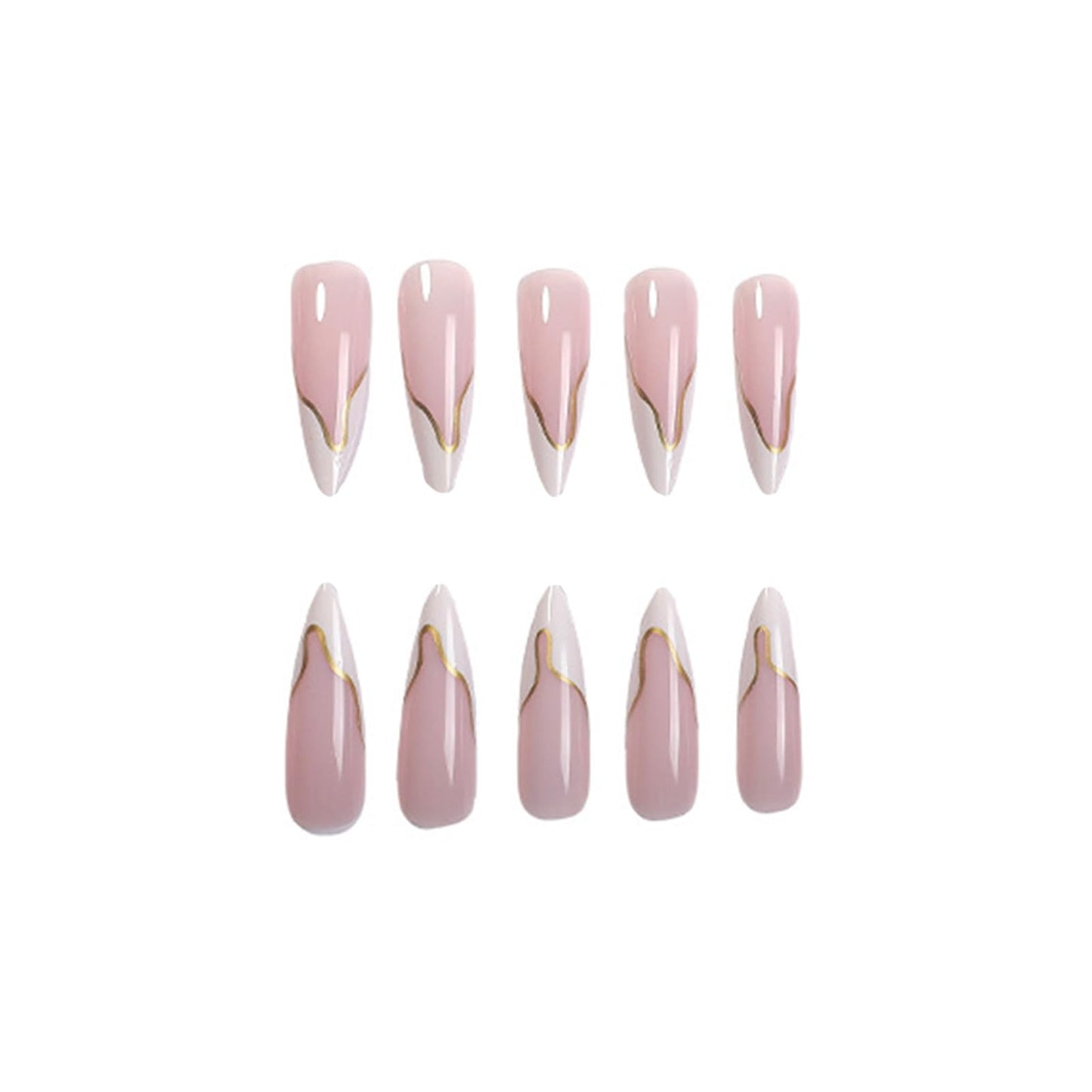 SINHOT Stiletto Press on Nails - Long Fake Nails, Glossy Finish, White French Tip & Gold Line, DIY Artificial False Nail Art - 24 Pcs Nail Kit with Glue