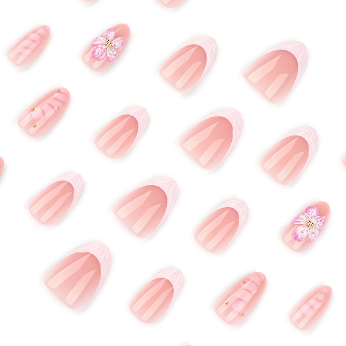 3D Press on Nails Pink Flowers & Alligator Design Short Almond Fake Nails French Tip False Nails Full Cover Glossy Spring Summer Stick on Nails for Women 24PCS