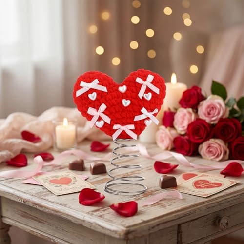Capoda Valentine's Day Tree Topper Knitted Crochet Heart Topper for Christmas Tree Decorations Handmade Love Treetop with Red Bows for Valentine?€?s Day Holiday Wedding Party Supplies(Knitted)