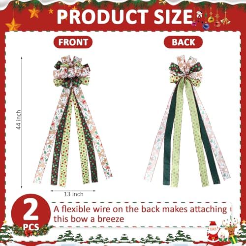 Suncalla 2 Pcs 44 x 13 Inch Large Christmas Tree Toppers Green Christmas Tree Ornaments Gingerbread Man Ribbon Bows Lime Green Glitter Polka Dot Wreath for Xmas Holiday Indoor Front Door Staircase