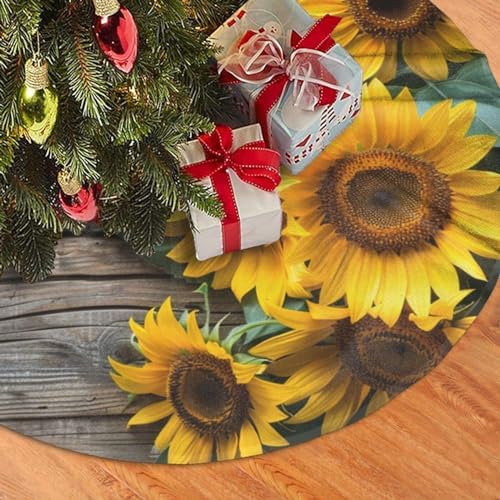 Yellow Sunflower Christmas Trees Skirts 30", Retro Xmas Tree Cloth Mats for Home Decoration