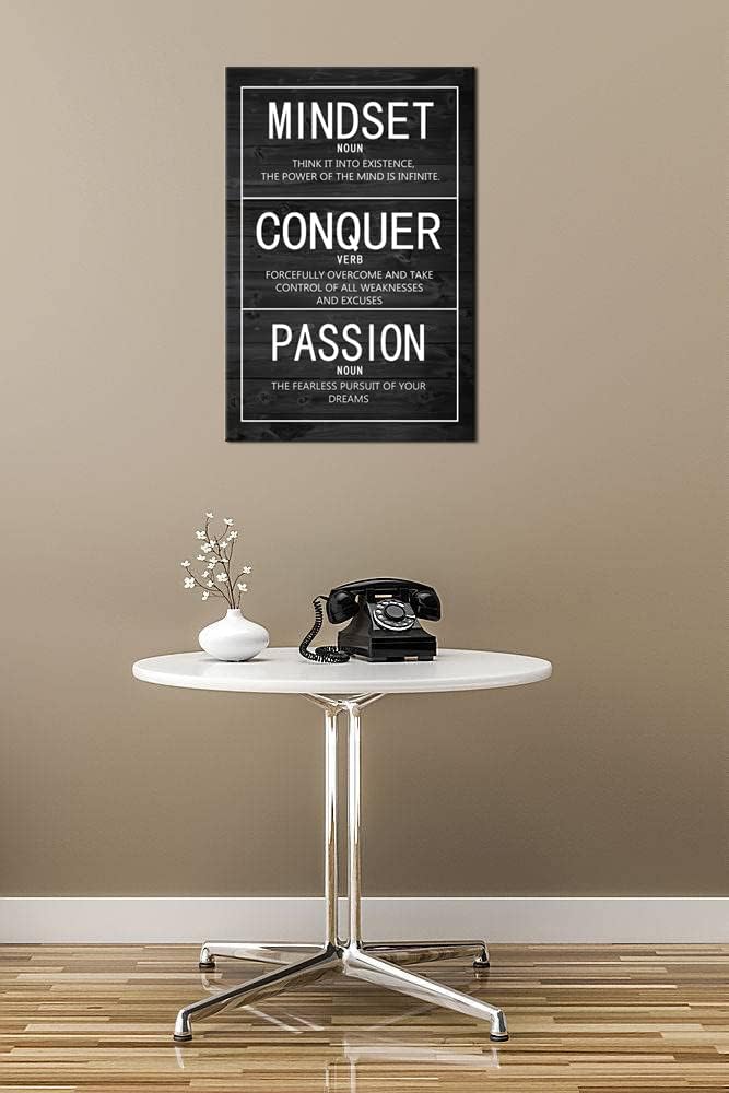 Motivational Poster Passion Mindset Conquer Inspirational Canvas Wall Art Paintings Motivation Artwork Living Room Office Prints Wall Decor Decoration Wooden Framed Ready to Hang [12''Wx 18''H]