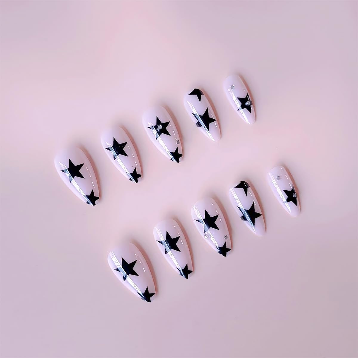 Black Star Press on Nails Medium Almond Fake Nails Nude Pink with Rhinestone Design Stick on Nails Full Cover Acrylic Nails Star False Nails Glitter Luxury Glue on Nails for Women DIY Manicure 24Pcs