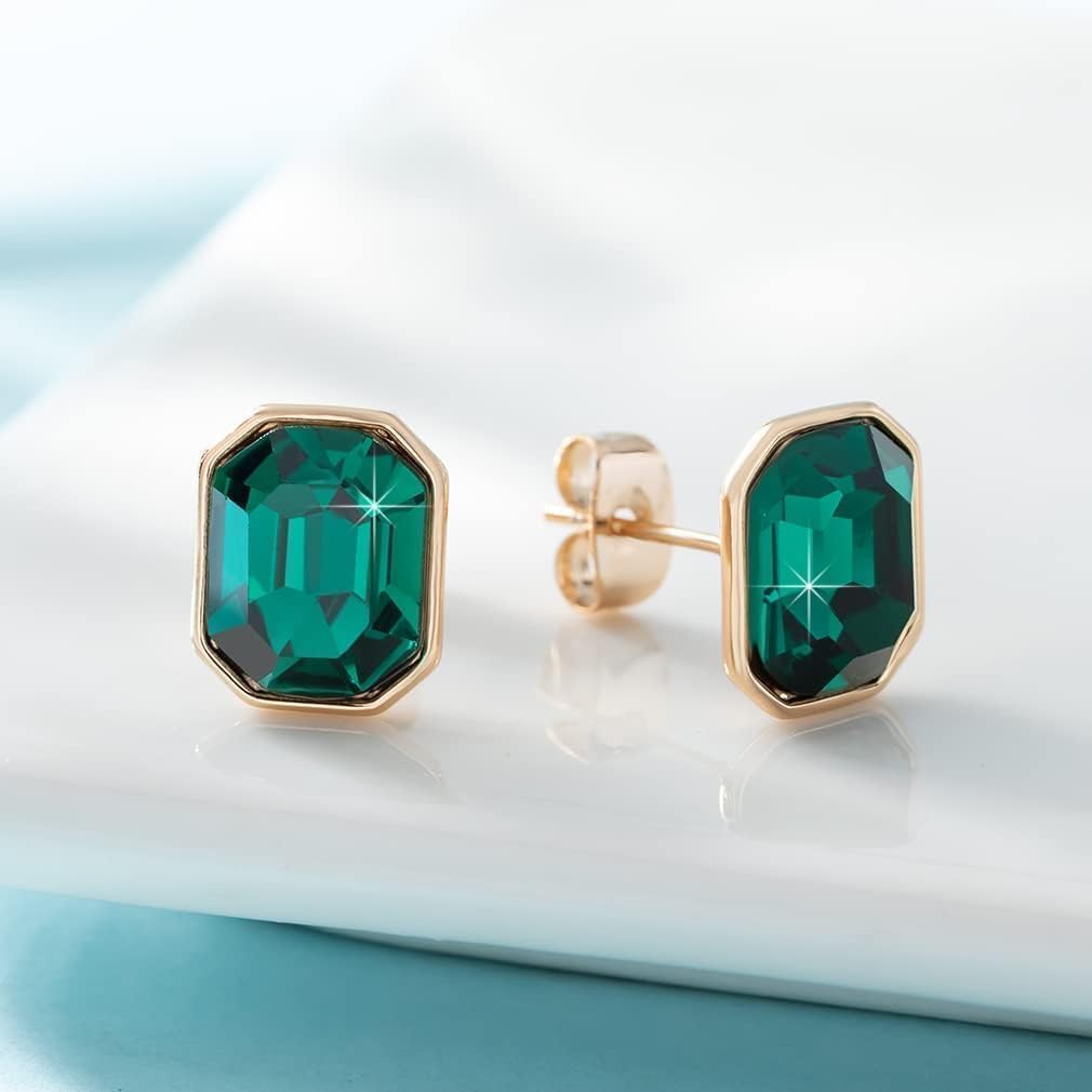 Austrian Crystal Octagon Stud Earrings for Women Fashion 925 Sterling Silver Post Hypoallergenic Jewelry (Emerald)