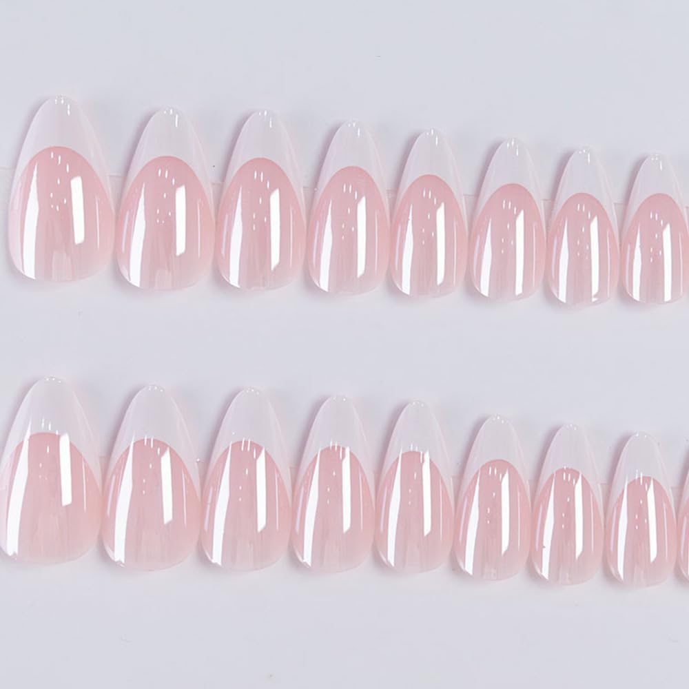 FJSMTOPl Press On Nails - Almond Fake Nails - French Tip False Nails Press ons - Medium Glue on Nails with Chrome Design - for Women Stick on Nail 24Pcs