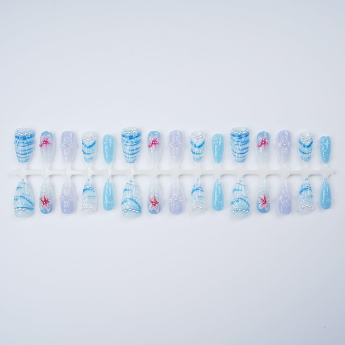 30Pcs Blue Beach Press on Nails Medium Almond Fake Nails 3D Summer Flower with Pearl Press Ons Design Ocean Mermaid False Nails Cute Stick on Nails Reusable Artificial Handmade Nail for Women Acrylic