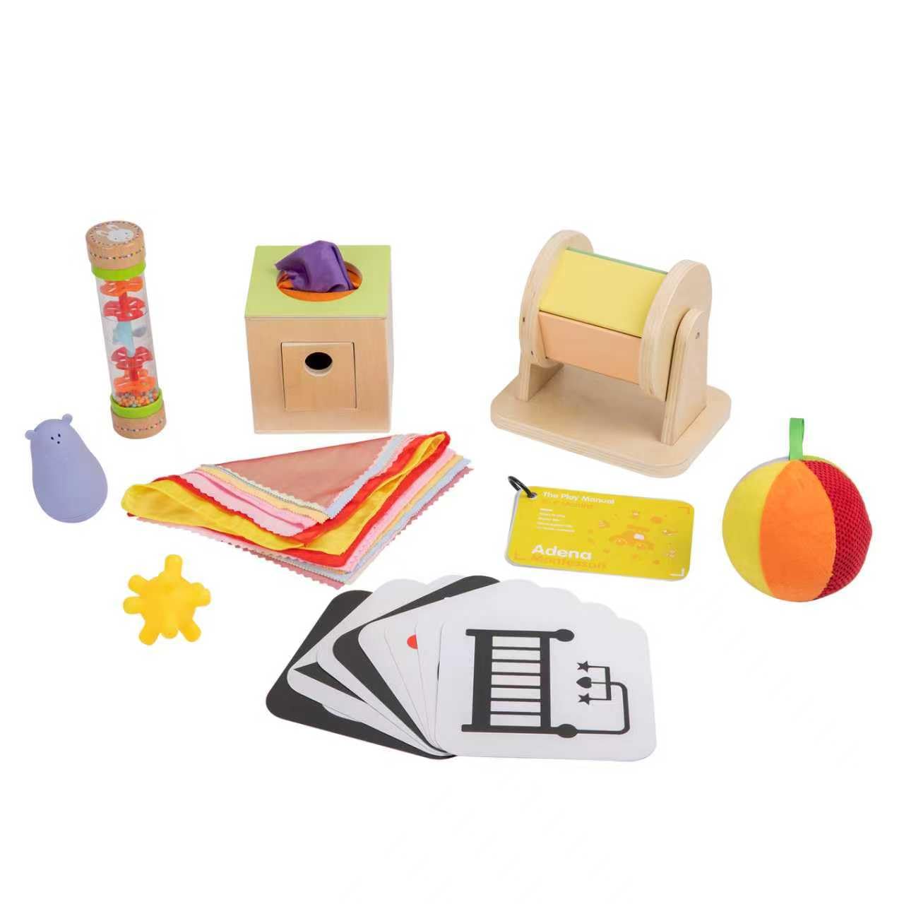 Adena Montessori Play Kit for 0-6 Month Baby,8 in 1 Learning Kit Includ Black&White Card,Rainmake Rattle,Sensory Ball,Tummy Time Wobbler,Tissue Box,Tissue,Rainbow Ball,Rainbow Drum