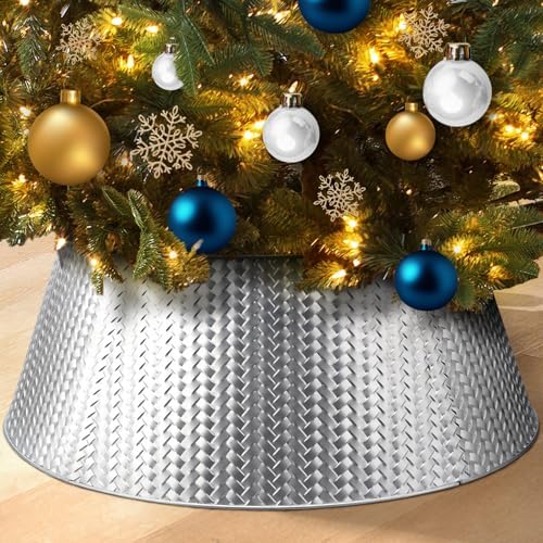 EIMMBD Metal Christmas Tree Collar, 28 Inch Christmas Tree Collar Basket Skirt for Large Christmas Tree, Artificial Tree Skirt Holiday Christmas Decorations Indoor Outdoor(Silver)