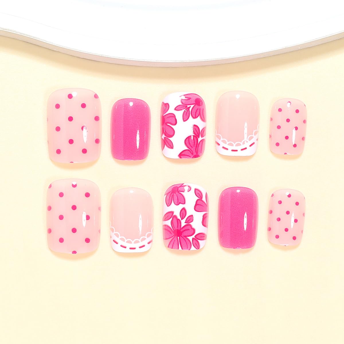 LINMEIZAI Press on Nails Short Square Spring Flower Glossy Acrylic Fake Nails Press ons Glue on False Nails for Women Reusable Cute Manicure Set White Polka Dots Stick on Nails French Tip 24Pcs
