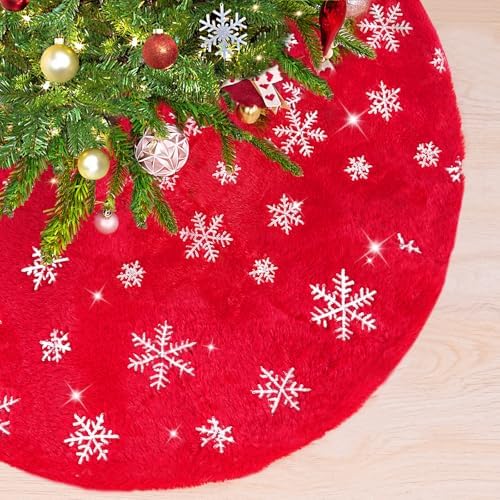 Christmas Tree Skirt Red Faux Fur with Silver Sequin Snowflakes 48 Inch Large Red Thick Xmas Plush Tree Skirt Ornaments