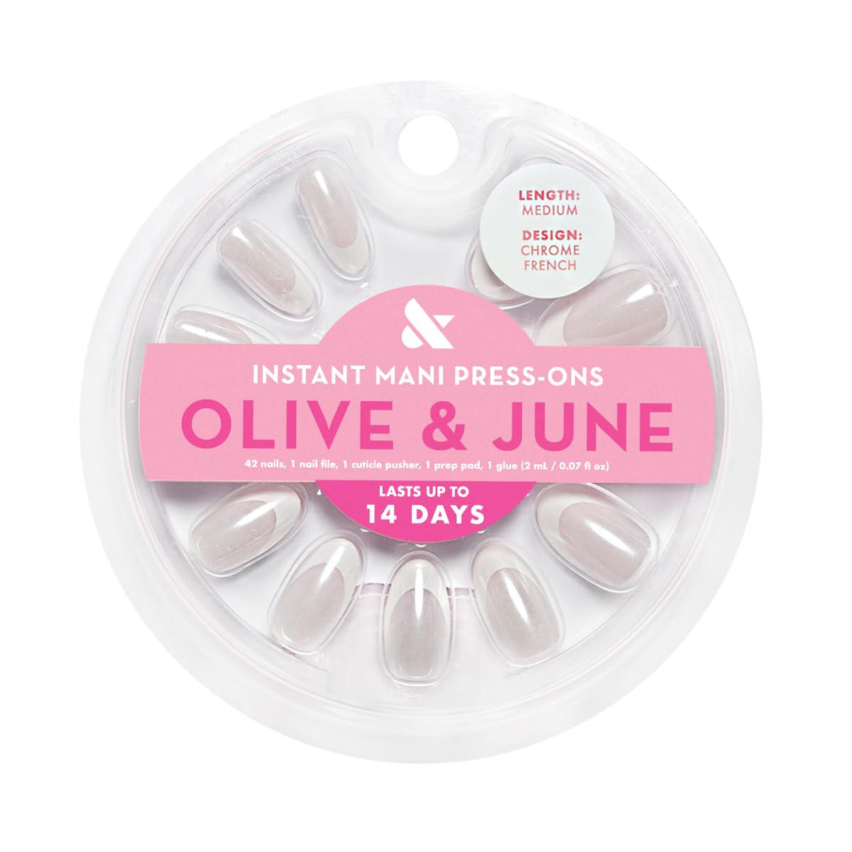 Olive & June Instant Mani Press-On Nails (Glue) | 42 Fake Nails, 21 Sizes | Non-Toxic, Long-Lasting Recycled Materials Realistic Look | Spring Flowers & Patterns | Medium, Oval | Chrome French
