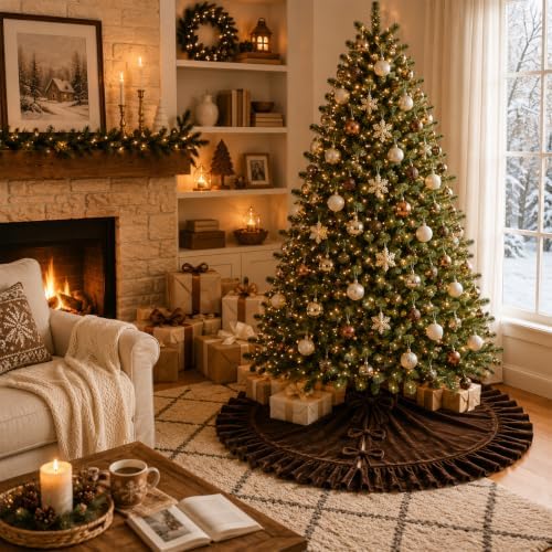 Christmas Tree Skirt,Velvet Tree Skirt with Ruffled Edge, Classic Large Velvet Fur Plush Tree Skirt for Merry Christmas(Brown,60Inch)