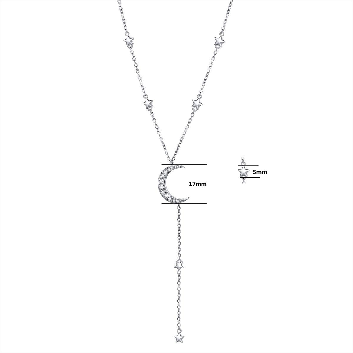 Ladytree S925 Sterling Silver Crescent Moon and Star Celestial Jewelry CZ Y Necklace Rolo Chain 18 inches to 20 inches